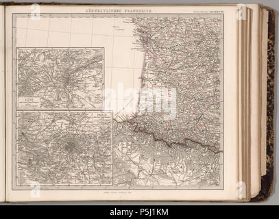 Sudwestliches Frankreich. (Sud-ouest de la France). Stieler's Hand-Atlas ... N° 14d. Sudwestliches Frankreich. (Eisn) Lyon. Paris. Date estimée. Un atlas composite avec page de titre, pas d'index. Une étrange collection de reliure d'origine, indiquant qu'il a été composé pour un client qui semblait vouloir plusieurs cartes de la même région, mais avec différentes dates de publication. Les cartes sont datées du début des années 1860 à 1873. Selon la page de titre, 1817 a été la première édition de l'Atlas de Stieler ; page de titre est datée de 1867. Certains des ensembles de cartes multi-feuilles sont incomplètes, comme aux Etats-Unis avec trois feuilles de si Banque D'Images