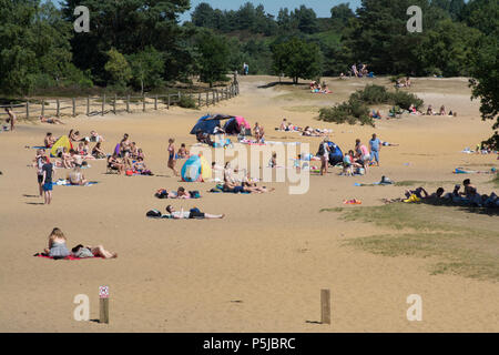 Frensham Pond, Surrey, Royaume-Uni. 27 juin 2018. Le soleil se poursuit. De nombreux amateurs de soleil s'appréciaient sur le sable de Frensham Great Pond aujourd'hui, probablement la chose la plus proche d'une plage de Surrey. Banque D'Images