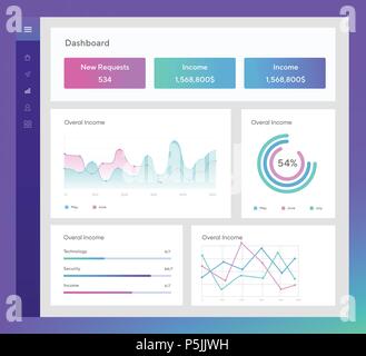 Infographic template design plat avec des graphiques statistiques quotidiennes, planche de bord, les diagrammes à secteurs, web design, éléments d'interface utilisateur. Gestion de réseau avec l'écran des données graphiques et diagrammes Illustration de Vecteur