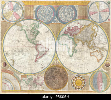 Une carte générale du monde, ou Terraqueous Globe avec toutes les nouvelles découvertes et les délimitations marginal, qui contiennent le plus d'indications intéressantes dans le ciel étoilé, solaire et banal. Anglais : Un superbe et monumental hémisphère double carte murale du monde par Samuel Dunn datant de 1794. Ce site extraordinaire est si vaste et si riche en détails qu'il est exceptionnellement difficile de faire pleinement justice à l'une ou l'autre d'une photographie ou de descriptions textuelles. Couvre tout le monde dans un hémisphère double projection. La carte principale est entourée de tous les côtés mais scientifique détaillée c Banque D'Images