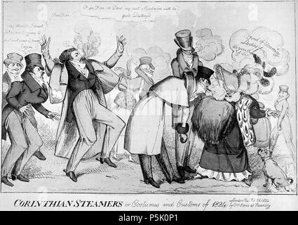 N/A. Bateaux à vapeur de Corinthe, ou 'Costumes et coutumes de 1824', 26 février 1824 une caricature de W. Heath, montrant un dandy's moustache se prendre sur le feu, et un autre dandy comporte de violation choquante de l'étiquette. Cela montre les débuts de la transition de Regency à Victorian attitudes à l'égard de cheveux du visage et fumeurs (qui ont été considérées comme bizarres et ONU-Anglais pendant la Régence, et sont ridiculisés ici, mais plus tard, viendrait à être considéré comme très respectable au cours de la période Victorienne). Homme cheveux du visage n'était pas encore considéré comme pleinement respectables, et des moustaches étaient Banque D'Images