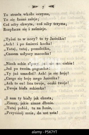 N/A. Anglais : Poèmes de Adam Mickiewicz. C. 1. - Vilnius ; imprimé par Józef Zawadzki, 1822 ; Adam Mickiewicz (1798-1855) Polski : Poezye Adama Mickiewicza. T. 1. - Wilno ; drukiem Józefa Zawadzkiego, 1822 ; Adam Mickiewicz (1798-1855) . 1822. Adam Mickiewicz (1798-1855) Nom de naissance Autres noms : Bernard Adam Mickiewicz Belarusian-Lithuanian Description Professeur, poète, journaliste d'opinion, dramaturge, essayiste et traducteur Date de naissance/décès 24 Décembre 1798 26 novembre 1855 Lieu de naissance/mort Zavosse Istanbul 1818 1855 période de travail de contrôle d'autorité : Q79822:64009368 VIAF J Banque D'Images