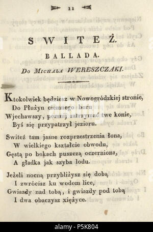 N/A. Anglais : Poèmes de Adam Mickiewicz. C. 1. - Vilnius ; imprimé par Józef Zawadzki, 1822 ; Adam Mickiewicz (1798-1855) Polski : Poezye Adama Mickiewicza. T. 1. - Wilno ; drukiem Józefa Zawadzkiego, 1822 ; Adam Mickiewicz (1798-1855) . 1822. Adam Mickiewicz (1798-1855) Nom de naissance Autres noms : Bernard Adam Mickiewicz Belarusian-Lithuanian Description Professeur, poète, journaliste d'opinion, dramaturge, essayiste et traducteur Date de naissance/décès 24 Décembre 1798 26 novembre 1855 Lieu de naissance/mort Zavosse Istanbul 1818 1855 période de travail de contrôle d'autorité : Q79822:64009368 VIAF J Banque D'Images