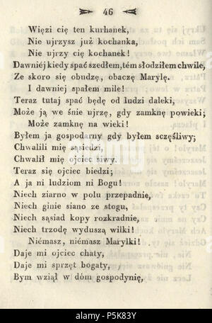 N/A. Anglais : Poèmes de Adam Mickiewicz. C. 1. - Vilnius ; imprimé par Józef Zawadzki, 1822 ; Adam Mickiewicz (1798-1855) Polski : Poezye Adama Mickiewicza. T. 1. - Wilno ; drukiem Józefa Zawadzkiego, 1822 ; Adam Mickiewicz (1798-1855) . 1822. Adam Mickiewicz (1798-1855) Nom de naissance Autres noms : Bernard Adam Mickiewicz Belarusian-Lithuanian Description Professeur, poète, journaliste d'opinion, dramaturge, essayiste et traducteur Date de naissance/décès 24 Décembre 1798 26 novembre 1855 Lieu de naissance/mort Zavosse Istanbul 1818 1855 période de travail de contrôle d'autorité : Q79822:64009368 VIAF J Banque D'Images