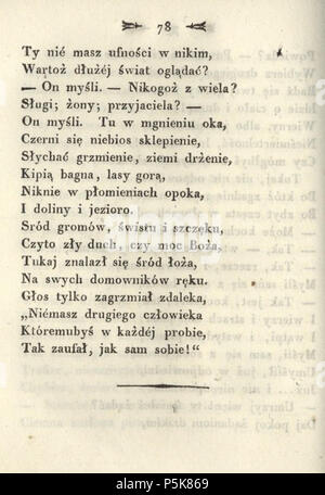 N/A. Anglais : Poèmes de Adam Mickiewicz. C. 1. - Vilnius ; imprimé par Józef Zawadzki, 1822 ; Adam Mickiewicz (1798-1855) Polski : Poezye Adama Mickiewicza. T. 1. - Wilno ; drukiem Józefa Zawadzkiego, 1822 ; Adam Mickiewicz (1798-1855) . 1822. Adam Mickiewicz (1798-1855) Nom de naissance Autres noms : Bernard Adam Mickiewicz Belarusian-Lithuanian Description Professeur, poète, journaliste d'opinion, dramaturge, essayiste et traducteur Date de naissance/décès 24 Décembre 1798 26 novembre 1855 Lieu de naissance/mort Zavosse Istanbul 1818 1855 période de travail de contrôle d'autorité : Q79822:64009368 VIAF J Banque D'Images