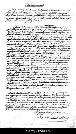 N/A. Svenska : Alfred Nobels Testamente . Alfred Nobel (1833-1896) Noms alternatifs Alfred Bernhard Nobel Description chimiste suédois, ingénieur, inventeur et philanthrope parmi ses inventions les plus notables, il y a la dynamite ; il a également tourné le producteur d'acier Bofors dans un grand fabricant d'armes nucléaires. En vue de modifier lui-même d'avoir tiré profit de commerce des armes légères, il a destiné sa fortune au Prix Nobel. Date de naissance/décès 21 Octobre 1833 10 décembre 1896 Lieu de naissance/décès Stockholm, Suède Sanremo, Italie lieu de travail en Suède, en Italie le contrôle d'autorité : Q23810 VIAF Banque D'Images