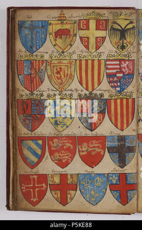 N/A. English : feuillet 5 de l'Armorial Le Breton représentant les armes du Christ, du pape Calixte III, de divers souverains européens et d'une partie des pairs de France (les autres paires sont sur le feuillet 6) Anglais : comprend "Arma Christi" en haut à gauche . Archives nationales 555 feuillet 5 de l'Armorial Le Breton Banque D'Images