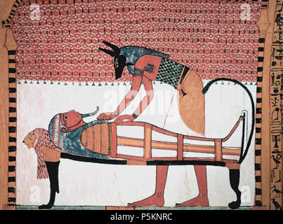 N/A. Photo de la peinture murale de la tombe de Sennedjem. Anubis participant à la momie du défunt. [Note : lien vers l'image est cassée. Auteur besoin de remplacer le lien] . 9-13-07. L'auto 114 Anubis participant à la momie de Sennedjem Banque D'Images