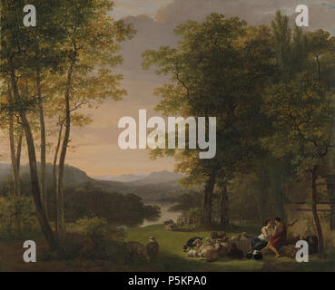 Landschap Arcadisch . Nederlands : Arcadisch landschap. Herder en herderin rustend met een kudde schapen onder bomen aan de voet van een antiek grafmonument. . 1813. N/A 119 Arcadisch landschap Rijksmuseum SK-A-1110 Banque D'Images