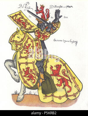N/A. Anglais : UN 15thC armorial représentation du roi d'Écosse, montrant les armoiries de Guillaume le Lion, tel qu'adopté par l'Ecosse est plus tard rois qui ont ajouté l'tressure avec la fleur de lys, symbolisant l'alliance Franco-Scottish traditionnelle contre l'Angleterre. Ci-dessous le titre "Le Roy d''Escosse" alors que les devises de la Royal Stewart rois d'Écosse : 'En defens' et 'Me' impune lacessit nemo [non-un dommage moi en toute impunité]. 2 avril 2012. À partir de l'armorial de l'Europe de la Toison d'Or, bibliothèque de l'Arsenal, Paris 125 Armorial représentation du roi d'Écosse Banque D'Images