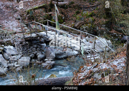 Pont cantilever traditionnel sur la rivière, les bois, Langtang, Népal Banque D'Images