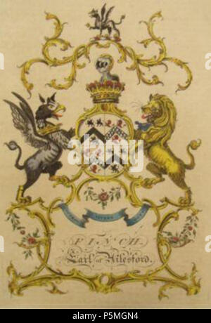 N/A. Anglais : Bras de Heneage Finch, 3e comte d'Aylesford (1715-1777), l'imprimer à partir d'Alexandre Jacob's trois volumes, "une pairie anglaise", Londres, 1766-1769. Armoiries : trimestrielle 1er & 4ème : d'argent, au chevron d'entre trois griffons passant de sable (Finch) ; 2e & 3e : d'argent, au chevron de vair entre trois demi-lions de gueules (Fisher, de grande Packington, Warwickshire). Cimier : un griffon passant de sable. Partisans : Dexter : un griffon ducally sable colleté d'or ; sinister : un lion ou ducally colleté d'azur[1] . Entre 1766 et 1769. imprimer à partir d'Alexandre Jacob's trois volumes, "un Anglais Complet Banque D'Images