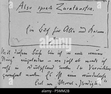 N/A. Friedrich Nietzsche annonce le titre de son nouveau livre dans une lettre à Heinrich Köselitz . 1 février 1883. Friedrich Nietzsche (1844-1900) Noms alternatifs Friedrich Wilhelm Nietzsche, philosophe allemand Description philosophe et poète Date de naissance/décès 15 Octobre 1844 25 août 1900 Lieu de naissance/décès Röcken Weimar période de travail, lieu de travail du 19e siècle ; Bonn Leipzig ; Bâle ; contrôle de l'autorité de Weimar : Q9358 VIAF:89798474 ISNI:0000 0001 2282 8181 ULAN:500222156 RCAC:n:NLA79021132 35471497 144 Titelentwurf la ZCA WorldCat Banque D'Images