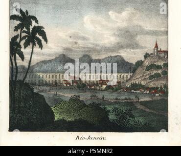 Vue de la ville de Rio de Janeiro, Brésil. Lithographie coloriée de Friedrich Wilhelm Goedsche Vollstaendige Völkergallerie « dans getreuen Abbildungen' (Galerie complète des peuples autochtones en vrai photos), Meissen, circa 1835-1840. Goedsche (1785-1863) était un écrivain allemand, libraire et éditeur à Meissen. Banque D'Images