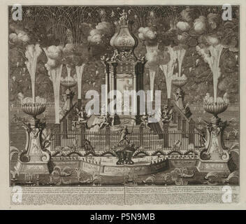 N/A. Grafik aus dem Klebeband n° 10 der Fürstlich Waldeckschen Hofbibliothek Arolsen Motiv : Feuerwerk der holländischen westfriesischen dans Stände und Den Haag, 14. Juni 1713, aus Anlass des Friedens von Utrecht . 1713. N. Pola / D. Stoopendaal Arolsen Klebeband 137 10 018-019 Banque D'Images