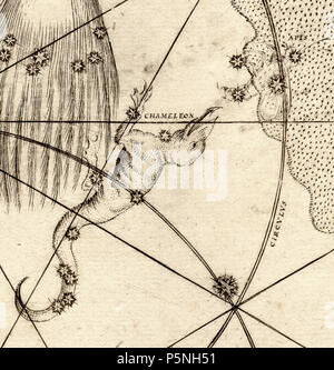 N/A. Musca (API) en vue d'être mangé par fr:Chamaeleon dans l'Uranometria de Johann Bayer, 1603 le premier atlas céleste pour inclure les constellations du sud. 1603. Johann Bayer 178 BayerMusca Banque D'Images