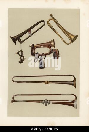 Clairon de cavalerie et trompettes. Chromolithographie d'une illustration par William Gibb de A.J. Hipkins' Instruments musical, historique, rares et uniques, Adam and Charles Black, Édimbourg, 1888. Alfred James Hipkins (1826-1903) était un musicologue qui spécialisée dans l'histoire du piano et autres instruments. William Gibb était un maître d'Illustrator et chromolithographer et illustré "La Maison royale des Stuart' (1890), 'Trophées' Naval et Militaire (1896), et d'autres. Banque D'Images