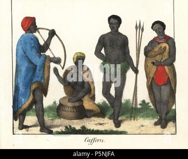 Costumes des Xhosa d'Afrique du Sud. Musiciens en capes de fourrure, un guerrier en jupe d'herbe avec des lances, et d'une femme allaitant un bébé. Lithographie coloriée de Friedrich Wilhelm Goedsche Vollstaendige Völkergallerie « dans getreuen Abbildungen' (Galerie complète des peuples autochtones en vrai photos), Meissen, circa 1835-1840. Goedsche (1785-1863) était un écrivain allemand, libraire et éditeur à Meissen. La plupart des illustrations ont été adaptés à partir de Bertuch's 'Bilderbuch fur Kinder' et d'autres. Banque D'Images