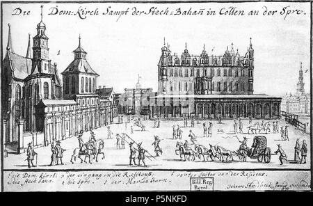 N/A. Deutsch : Ansicht des Berliner mit dem Schlossplatzes Renaissance-Schloss und der hinteren Seite der älteren Domkirche (Guinée Klosterkirche der Berliner Dominikanermönche. 1690. Johann Stridbeck der Jüngere. 191 Berlin Schlossplatz (Stridbeck 1690) Banque D'Images