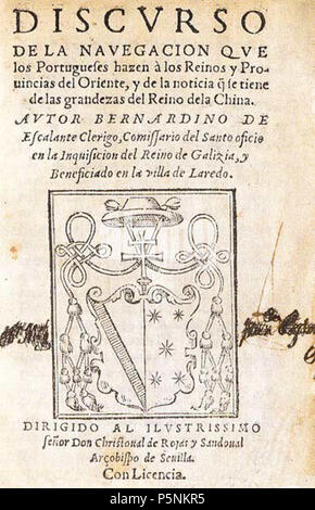 N/A. Anglais : La page de titre en:Bernardino de Escalante's Discurso de la navegacion que los Portugueses hacen a los Reinos y Provincias de Oriente, y de la noticia que se tiene de las grandezas del Reino de la Chine . 1577. Bernardino de Escalante (fl. 1577) 192 Bernardino de Escalante - Discurso de la navegacion - page titre Banque D'Images