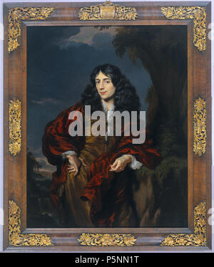 Portrait d'un jeune homme, probablement Simon van Alphen (1650-1730) . Portrait d'un jeune homme de la famille Van Alphen, probablement Simon van Alphen. Au genou-longueur, debout, appuyé contre un arbre. Il est des gestes avec sa main gauche, tenant sa main droite contre son côté. Dans l'arrière-plan un paysage avec une cascade. Elle fait partie d'une série de peintures de membres de la famille Van Alphen, tous d'entre eux contenant un blason sur le châssis. Vers 1680. N/A 20 Portret van een jonge man, gegrond Simon van Alphen (1650-1730). Rijksmuseum SK-A-4881 Banque D'Images