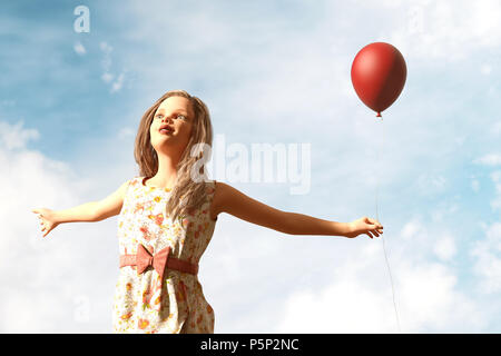 Fille avec ballon rouge,3d illustration Banque D'Images