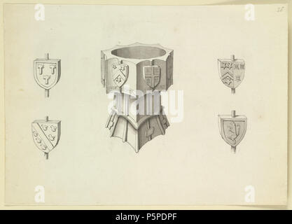 Anglais : Bolton par Bowland, font de l'église . Anglais : Vue de l'original en pierre octogonale font dans l'église à Bolton-by-Bowland, à l'origine dans le Yorkshire et maintenant dans le Lancashire, montrant les détails des boucliers héraldiques . 1773. N/A 219 Bolton par église Bowland font par Samuel Hieronymus Grimm 1773 Banque D'Images