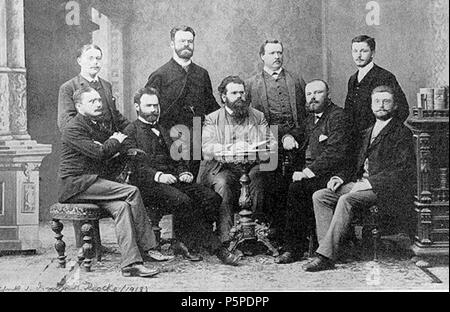 N/A. Anglais : La photo a été prise en 1887 et montre (debout, de gauche à droite) : Nernst Walther (* 25. Juni 1864 in Briesen (Westpreußen) ; † 18. En novembre 1941 (Zibelle Weser)), Dozent bei Friedrich Kohlrausch (Würzburg), sur la recherche guidée de Würzburg Gasthaus Oasis Heinrich (* 7. Mai 1848 à Vienne ; † 11. Novembre 1892), Svante Arrhenius (* 19. Februar 1859 auf Gut Wik bei Uppsala ; † 2. Oktober 1927 à Stockholm), sur la recherche guidée de Würzburg Richard Hiecke, (assis, de gauche à droite) : Eduard Aulinger, Albert von Ettingshausen (* 30. März 1850 in Wien ; † 9. Juni 1932 à Graz), Ludwig Boltzm Banque D'Images