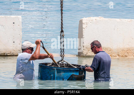 Deux hommes vider un seau de béton dans un port-de-chaussée dans le cadre du développement d'un port et de réparation. Mgarr, Gozo, Malte Banque D'Images