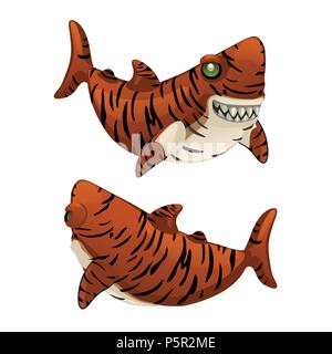 Cartoon requin tigre découvre ses dents pointues isolé sur fond blanc. Vector illustration. Illustration de Vecteur