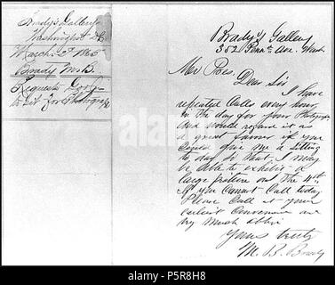 N/A. French : Photo de lettre à Lincoln écrit et photographié par Mathew Brady, 1865, demande au président de siéger pour une photo. 1865. Mathew Brady (1822-1896) Description photographe américain, photographe de guerre, photojournaliste et journaliste Date de naissance/Décès Mer 18 Mai 1822 15 janvier 1896 Lieu de naissance/décès Warren Comté Manhattan période de travail, de 1844 à environ 1887 lieu de travail Ville de New York, Washington, D.C. le contrôle d'autorité : Q187850 VIAF:22965552 ISNI:0000 0001 2209 4376 ULAN:500126201 RCAC:n:NARA81140569 10570155 229 WorldCat Brady +lettre Lincoln Banque D'Images