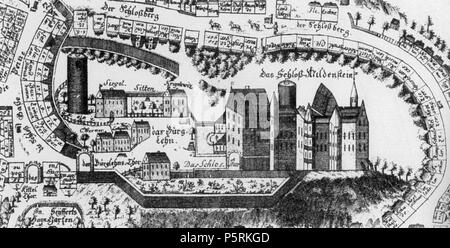 N/A. Deutsch : Figure der Burg Mildenstein auf einem alten Stadtplan von Leisnig. Anglais : Illustration de Mildenstein château sur une vieille carte de Leisnig. 1753. Johann Kamprad, numérisation par Sir Gawain 250 BurgMildenstein JohannKamprad1753 Banque D'Images