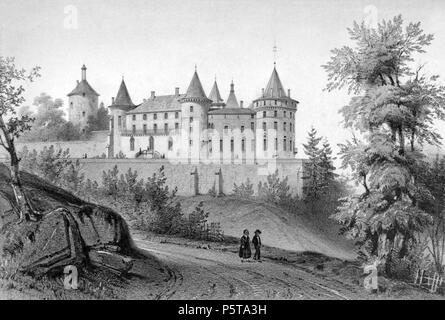 N/A. Deutsch : Mischtechnik des Schlosses Chastellux ; Eingangsfassade . 1845. Victor Petit 335 Château de Chastellux - Eingangsfassade - Petit 1845 Banque D'Images