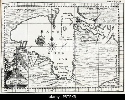 N/A. Français : carte publiée en 1722 dans dans l'histoire de l'Amérique septentrionale, par Claude-Charles Bacqueville de La Potherie, Paris. En haut à droite : vaisseau français qui arrive dans la baie d'Hudson. En bas à gauche, près de la petite croix entre le navire et la côte : la place de la bataille de la baie d'Hudson en septembre 1697. Guerre de la Ligue d'Augsbourg. 1722. Bacqueville de La Potherie, M. de (Claude-Charles Le Roy), 1668-1738, Jean-Baptiste Scotin, 1678- , graveur 279 Carte pour suivre la campagne de d'Iberville dans la baie d'Hudson en 1697 Banque D'Images