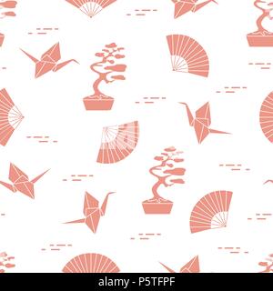 Modèle intégré de bonsaï, origami grues de papier, fans. Voyages et loisirs. Éléments de conception traditionnelle du Japon. Illustration de Vecteur