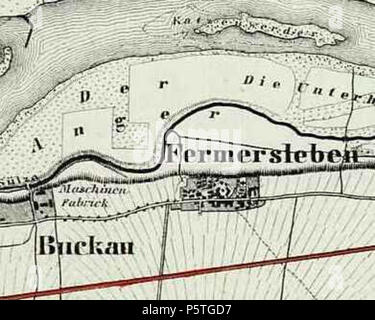 N/A. Deutsch : Ausschnitt aus der Karte Albrecht von Fermersleben Platts, 1841, oben (Osten) ist noch die Insel dans Katzenwerder der Elbe vorhanden, die Sülze befindet sich noch im autre que l'Bachbett, die sind nicht vorhanden Salbker vu, liens (Norden) liegt die vorhandenen Buckau mit der Maschinenfabrik Buckau, (vers 1630) die verläuft, Eisenbahnlinie Fermerslebens der suis Nordende nach Westen verlaufende die heutige Weg dürfte. List-Str sein . 1841. Albrecht Platt 288 FCI0612278 Foglio2 1CAY7V9PZ Fermersleben 1841z Banque D'Images