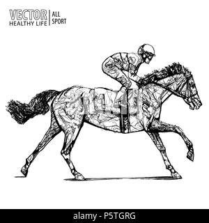 Jockey à cheval. Champion. Les courses de chevaux. Hippodrome. Hippodrome. Aller de course. L'équitation. Première course de chevaux en provenance de ligne d'arrivée. Vector illustration. Illustration de Vecteur