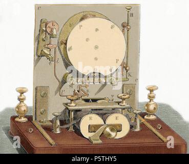Aiguille électrique récepteur télégraphique développé en 1842 par Alphonse Foy et Louis Francois Clement Breguet (1804-1883). L'arrière. Gravure couleur 19ème siècle. Banque D'Images