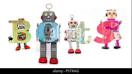 Retro tin toys robot tiennent la parole BOTS isolated on white Banque D'Images