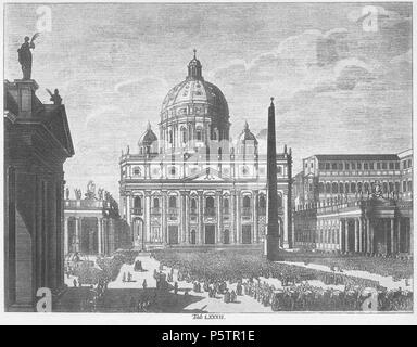 N/A. Onglet. LXXXII. Historische Vorstellungen. Fortsetzung. Äußere das der Peterskirche ; 504 Fuß hoch, 424 und 570 breit Fuß Fuß tief, von korinthischer Ordnung. Die auf beiden Seiten herausstehenden gerade Gebäude werden durch zwei kreisförmige Kolonnaden, von Dorischer Ordnung, fortgesetzt. In der Mitte eine prächtige Pyramide, 130 Palmen hoch, dans Egyptven Felsstück aus einem gehauen, und von Sixte V. durch den Baumeister Fontana hier aufgerichtet. Zur Rechten der Kirche das Vatikan. Der Papst segnet in einer großen und die Versammlung Katholiken, sang alle Ketzer mit den Worten : Donc, wie Banque D'Images