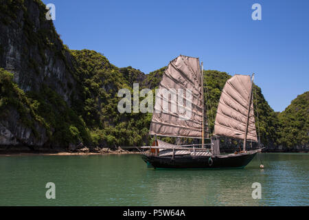 Jonque Chinoise traditionnelle dans la baie Bai Tu Long, Vietnam. Banque D'Images
