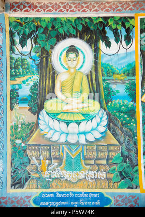 Peintures murales bouddhiques Chisor au temple de montagne au Cambodge montrant des scènes de la vie de Bouddha Siddhartha Banque D'Images