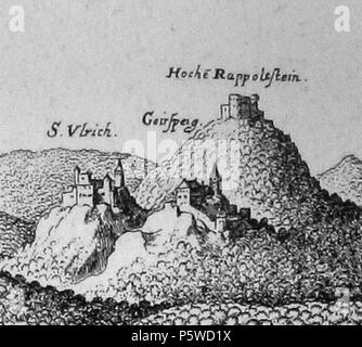 N/A. Deutsch : Ausschnitt aus Matthäus Merians Rappoltsweyer dans der Stich Topographia Alsatiae mit den drei Burgen Saint-ulrich, le Girsberg und Hoch-Rappoltstein . 1663 (publié). Matthäus Merian (1593-1650) Noms alternatifs Matthäus Merian der Ältere ; programme Matthaeus Merian ; Matthias Merian Description Swiss copperplate graveur et éditeur Date de naissance/décès 22 Septembre 1593 19 juin 1650 Lieu de naissance/décès Basel Bad Schwalbach lieu de travail Suisse (Zurich, Bâle), la France (Nancy, Paris), Pays-Bas, Allemagne (Augsburg, Strasbourg, Stuttgart, Francfort, Oppenheim) Pouvoir c Banque D'Images