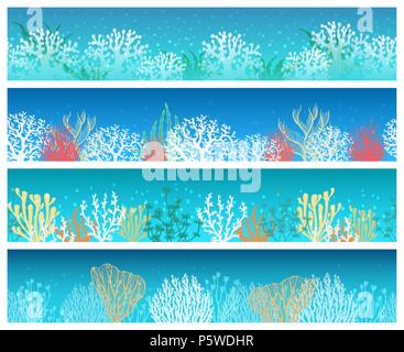 Des bannières d'algues. Les algues et les coraux banner set, l'océan ou mer profonde cartes papier horizontal milieux vecteurs Illustration de Vecteur