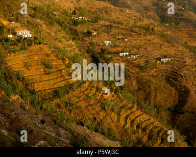 Les champs en terrasses à un village isolé sur le Nandhour Kumaon Hills, vallée, Uttarakhand, Inde Banque D'Images