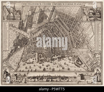 N/A. Nederlands : Beschrijving Amstelodamum Celebre Emporium Forma Plana Kaart van Amsterdam. Uitgave 2e. Schaal ca. 1:7,250. Uitgegeven door Claes Jansz. Visscher. De kaart est gedecoreerd rencontré visuels van het oude stadhuis op de Dam, de Beurs van Hendrik de Keyser, Het Huis (het voormalige Oostindisch Bushuis gebouwd en 1555) Westindisch in Het Huis. Un Middenonder stadsprofiel af gezien van het IJ rencontré tekst en Latijn en Nederlands. Zuidzuidwest Oriëntatie : boven. Documenttype kaart Vervaardiger, Claes Jansz Visscher (1587-1652) Collectie Collectie 1643 Datering Atlas Splitgerber ca. Inve Banque D'Images