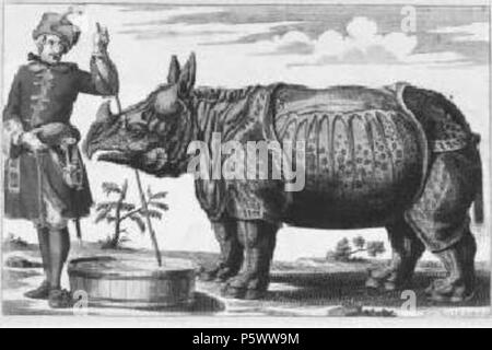 N/A. Clara (rhinocéros), 1746 Deutsch : Das Panzernashorn Clara, das Mitte des 18. Jahrhunderts mit seinem Besitzer Douwe Mout van der Meer durch Europa tourte, auf einem Stich von Elias Baeck von 1746. Anglais : Clara, le rhinocéros, qui a voyagé à travers l'Europe au milieu du 18ème siècle. Gravure par Elias Baeck à partir de 1746. 1746. Elias Baeck 351 Clara 1746 Elias Baeck Banque D'Images