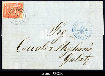 N/A. Anglais : lettre postée à l'Egyptian bureau de poste à Chios en 1879. Chios a fait partie de l'Empire ottoman jusqu'à son annexion à la Grèce en 1912. La lettre, affranchi avec un timbre égyptien ordinaire est annulé par 'V.R. Posta Egiziane Scio'. La lettre a été acheminée vers le bureau de poste égyptien à Constantinople, transférés à la poste française, il y a envoyé le vapeur à Odessa, et de là envoyé par rail à Galatz en Moldavie, Roumanie. 11 octobre 2014, 12:01:50. Lettre postée en 1879 Egypte 497 P. O. Chios 1879 Banque D'Images