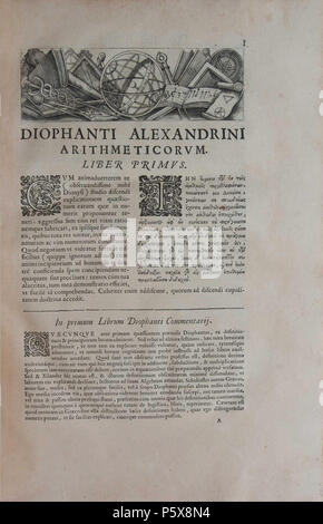 N/A. Anglais : Diophantus. Arithmetica. Traduit du grec en latin par Claude Gaspard Bachet de Méziriac avec ajouts par Pierre de Fermat. Edition 1670. Page de titre du premier livre. 1670. Télécopieur 456 Diophantus TITRE I 1670 Banque D'Images