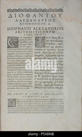 N/A. Anglais : Diophantus. Arithmetica. Traduit du grec en latin par Claude Gaspard Bachet de Méziriac. Edition 1621. Page de titre du premier livre. 1621. Télécopieur 456 Diophantus TITRE I 1621 Banque D'Images